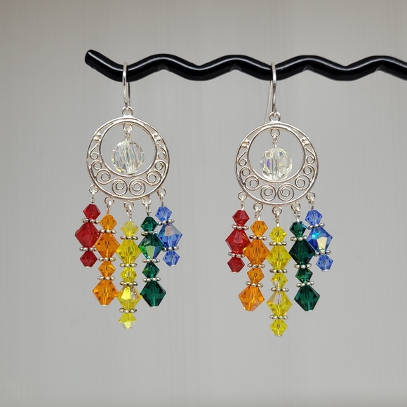 Rainbow Pride Chandelier Crystal Silver Dangle Earrings - Picture 2 of 5